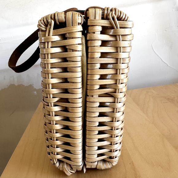VTG Rattan Basket Square Handbag 80s Sturdy Eco Friendly Leather Strap Cream - Picture 4 of 8
